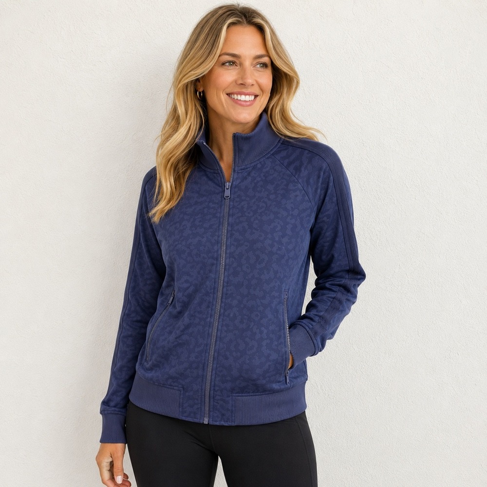 Athleta Womens Navy Blue Leopard Jacquard Full Zip Track Jacket‎ Mock Neck Mock